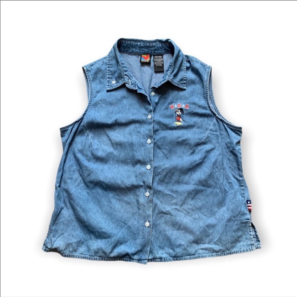Sleeveless Denim Button-Down Shirt in Blue with Embroidered Character